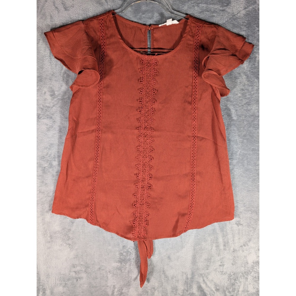 MINE Rust Red Flutter Sleeve Crochet Lace Front Tie Hem Blouse Top Women Small